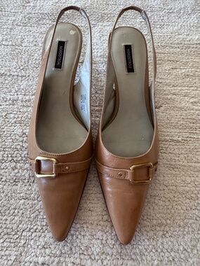 NORDSTROM Shoes Women's 7.5M Camel/Tan Sling Back Pointed Toe Leather Kitty Heel